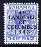 Bahamas 1942 KG6 Landfall of Columbus opt on 3d blue single with dot in U variety on R3/2 mounted mint SG 167var, stamps on columbus, stamps on  kg6 , stamps on variety, stamps on varieties