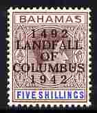 Bahamas 1942 KG6 Landfall of Columbus opt on 5s lilac & blue single with dot in U variety on R3/2 mounted mint SG 174var, stamps on , stamps on  stamps on columbus, stamps on  stamps on  kg6 , stamps on  stamps on variety, stamps on  stamps on varieties