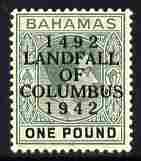Bahamas 1942 KG6 Landfall of Columbus opt on \A31 green & black single with dot in U variety on R3/2 mounted mint SG 175var, stamps on columbus, stamps on  kg6 , stamps on variety, stamps on varieties