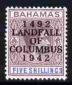 Bahamas 1942 KG6 Landfall of Columbus opt on 5s lilac & blue single with dot in S variety on R8/2 mounted mint SG 174var, stamps on , stamps on  stamps on columbus, stamps on  stamps on  kg6 , stamps on  stamps on variety, stamps on  stamps on varieties