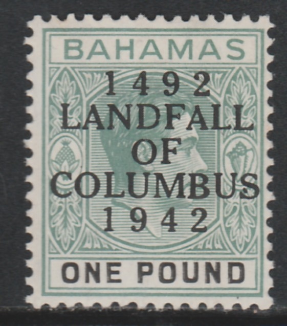 Bahamas 1942 KG6 Landfall of Columbus opt on A31 green & black single with dot in S variety on R8/2 mounted mint SG 175var, stamps on , stamps on  stamps on columbus, stamps on  stamps on  kg6 , stamps on  stamps on variety, stamps on  stamps on varieties