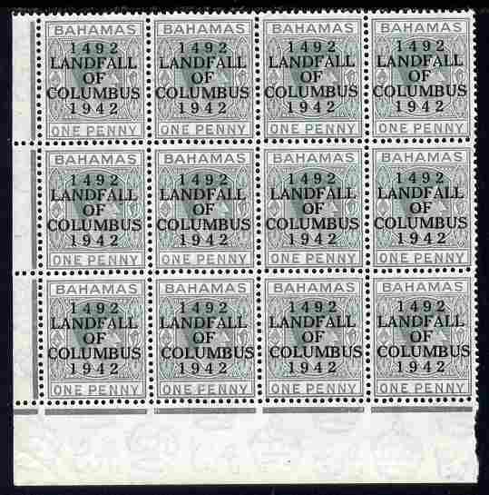 Bahamas 1942 KG6 Landfall of Columbus 1d pale slate SW corner block of 12 from right pane with short N variety (R8/4) & Break in Oval on R10/4 plus overprint varieties unmounted mint SG 163var, stamps on , stamps on  stamps on columbus, stamps on  stamps on  kg6 , stamps on  stamps on variety, stamps on  stamps on varieties