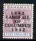 Bahamas 1942 KG6 Landfall of Columbus opt on 5s lilac & blue single with enlarged V variety on R10/2 mounted mint SG 174var, stamps on columbus, stamps on  kg6 , stamps on variety, stamps on varieties