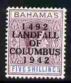 Bahamas 1942 KG6 Landfall of Columbus opt on 5s lilac & blue single with enlarged V variety on R10/2 mounted mint SG 174var, stamps on , stamps on  stamps on columbus, stamps on  stamps on  kg6 , stamps on  stamps on variety, stamps on  stamps on varieties