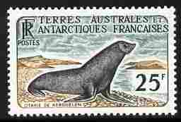 French Southern & Antarctic Territories 1956-60 Kerguelen fur seal 25f unmounted mint, SG 14, stamps on animals, stamps on marine life, stamps on seals, stamps on polar