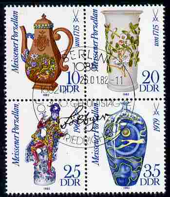 Germany - East 1982 300th Birth Anniversary of BÃ¶ttger (founder of Meissen China Works) set of 4 in se-tenant block fine cds used, SG E237, stamps on , stamps on  stamps on ceramics, stamps on  stamps on pottery