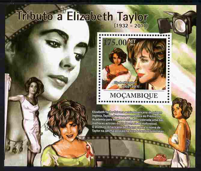 Mozambique 2011 Tribute to Elizabeth Taylor (actress) perf s/sheet unmounted mint, stamps on , stamps on  stamps on personalities, stamps on  stamps on films, stamps on  stamps on cinema, stamps on  stamps on movies, stamps on  stamps on dogs, stamps on  stamps on women