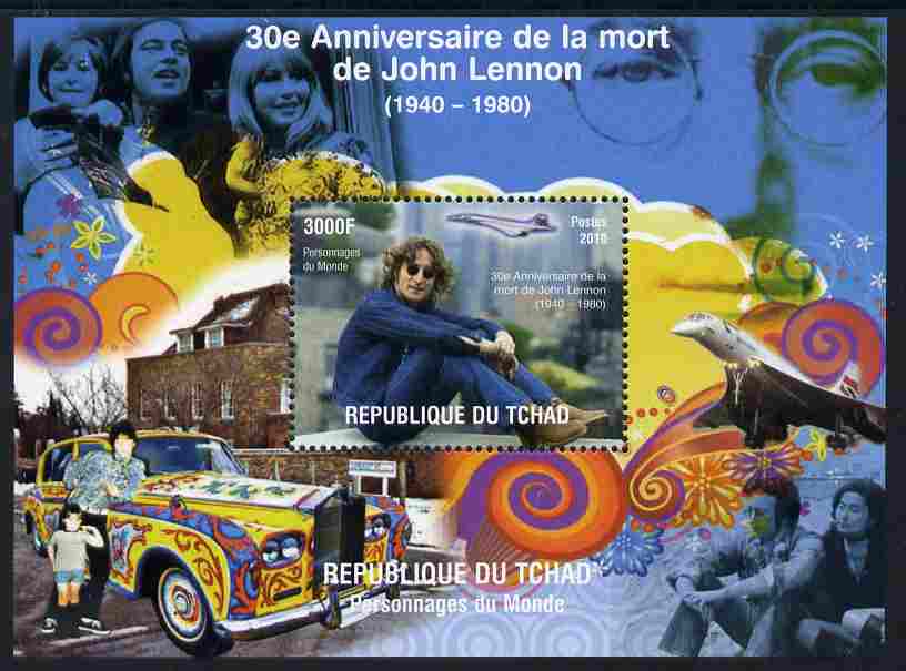 Chad 2011 30th Death Anniversary of John Lennon perf m/sheet unmounted mint. Note this item is privately produced and is offered purely on its thematic appeal, stamps on , stamps on  stamps on personalities, stamps on  stamps on beatles, stamps on  stamps on concorde