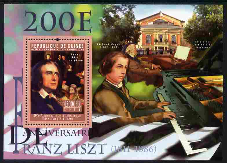 Guinea - Conakry 2011 200th Birth Anniversary of Franz Liszt perf s/sheet unmounted mint, stamps on , stamps on  stamps on personalities, stamps on  stamps on music, stamps on  stamps on composers, stamps on  stamps on liszt