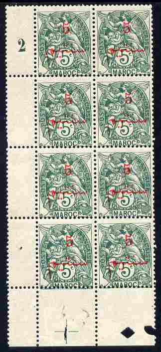 French Morocco 1911 5c on 5c blue-green block of 8, one stamp with Dot in 5 variety unmounted mint, stamps on 