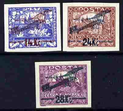 Czechoslovakia 1920 Air surch imperf set of 3 mounted mint, signed on reverse, SG 215-17 , stamps on aviation