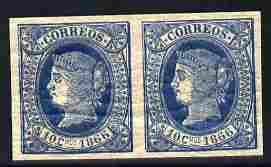 Spain 1866 Queen Isabella 10c blue imperf proof pair (design as SG Type 18) with cracked gum, stamps on 