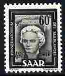Saar 1949-51 Beethoven 60c unmounted mint, SG 265, stamps on personalities, stamps on music, stamps on beethoven, stamps on composers