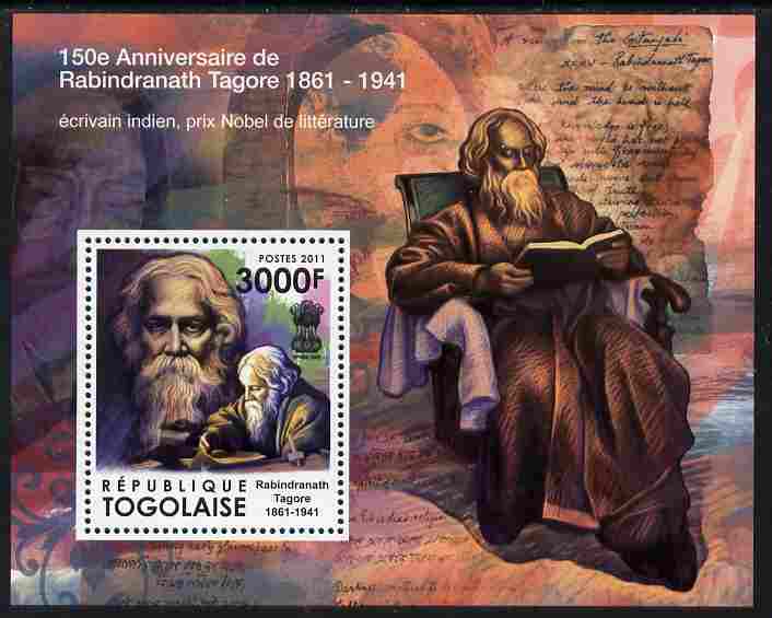 Togo 2011 150th Birth Anniversary of Rabindranath Tagore (literature) perf s/sheet unmounted mint, stamps on , stamps on  stamps on personalities, stamps on  stamps on literature, stamps on  stamps on tagore, stamps on  stamps on 
