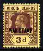 British Virgin Islands 1916-19 KG5 3d purple on yellow opt'd WAR TAX unmounted mint SG 79, stamps on , stamps on  kg5 , stamps on  ww1 , stamps on 