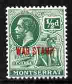 Montserrat 1917-18 KG5  War Tax 1/2d green (red opt) superb unmounted mint SG 60, stamps on , stamps on  stamps on , stamps on  stamps on  kg5 , stamps on  stamps on  ww1 , stamps on  stamps on 