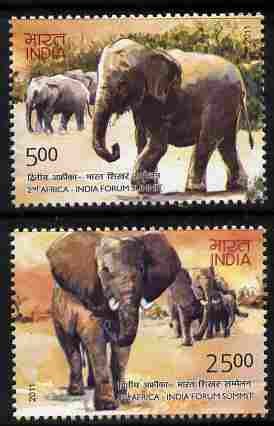 India 2011 Elephants perf set of 2 values unmounted mint, stamps on animals, stamps on elephants