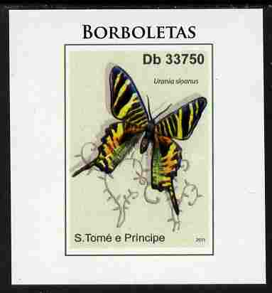 St Thomas & Prince Islands 2011 Butterflies #4 imperf individual deluxe sheet unmounted mint. Note this item is privately produced and is offered purely on its thematic appeal, stamps on , stamps on  stamps on butterflies