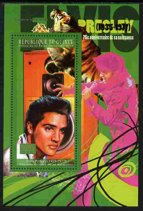 Guinea - Conakry 2010 75th Birth Anniversary of Elvis Presley perf s/sheet unmounted mint Michel BL 1891, stamps on personalities, stamps on music, stamps on films, stamps on rock, stamps on elvis, stamps on pops, stamps on tigers
