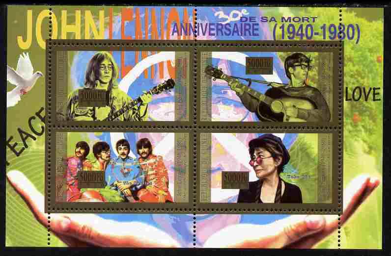 Guinea - Conakry 2010 Anniversary of John Lennon perf sheetlet containig 4 values unmounted mint Michel 7972-75, stamps on , stamps on  stamps on personalities, stamps on  stamps on music, stamps on  stamps on films, stamps on  stamps on rock, stamps on  stamps on beatles, stamps on  stamps on pops, stamps on  stamps on lennon