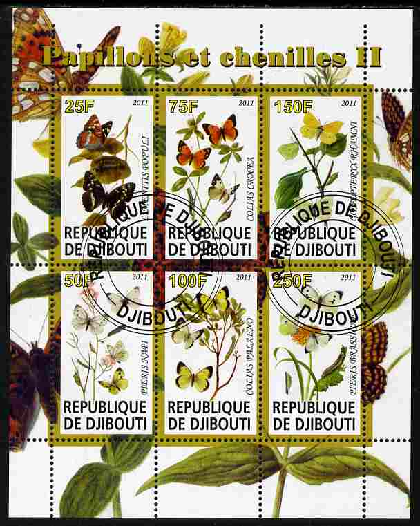 Djibouti 2011 Butterflies & Caterpillars #2 perf sheetlet containing 6 values fine cto used, stamps on , stamps on  stamps on butterflies