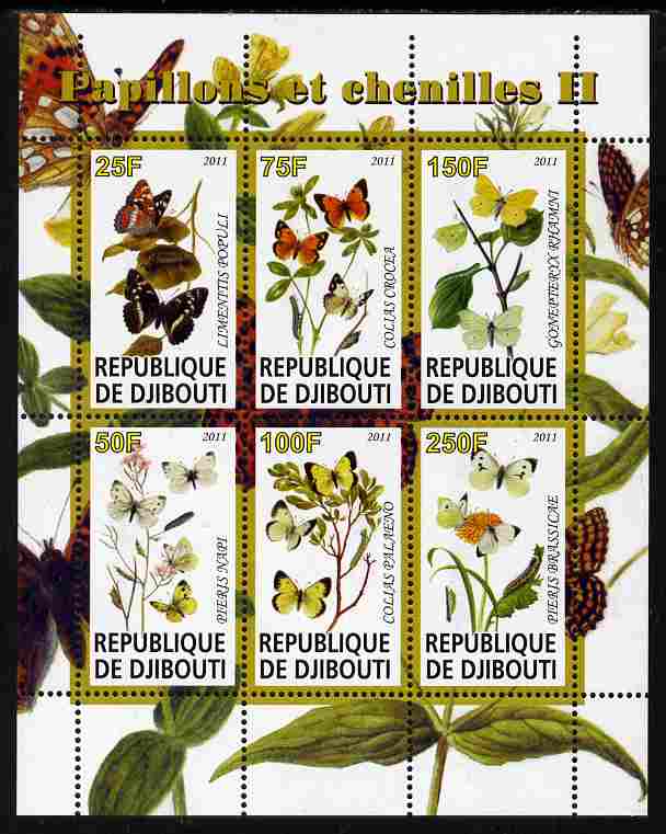 Djibouti 2011 Butterflies & Caterpillars #2 perf sheetlet containing 6 values unmounted mint , stamps on butterflies
