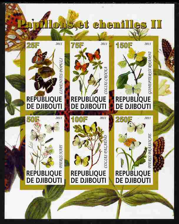 Djibouti 2011 Butterflies & Caterpillars #2 imperf sheetlet containing 6 values unmounted mint , stamps on , stamps on  stamps on butterflies