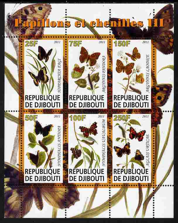 Djibouti 2011 Butterflies & Caterpillars #3 perf sheetlet containing 6 values unmounted mint , stamps on , stamps on  stamps on butterflies