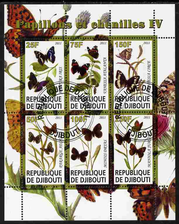 Djibouti 2011 Butterflies & Caterpillars #4 perf sheetlet containing 6 values fine cto used, stamps on , stamps on  stamps on butterflies