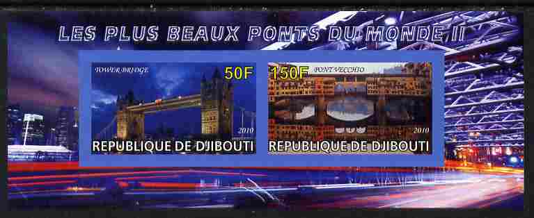 Djibouti 2011 Bridges of the World #2 imperf sheetlet containing 2 values unmounted mint, stamps on bridges, stamps on civil engineering, stamps on 