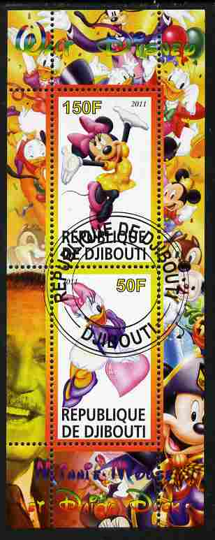 Djibouti 2011 Walt Disney - Minnie & Daisy perf sheetlet containing 2 values fine cto used, stamps on , stamps on  stamps on disney, stamps on  stamps on films, stamps on  stamps on cinema, stamps on  stamps on movies, stamps on  stamps on cartoons