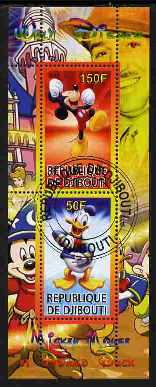 Djibouti 2011 Walt Disney - Mickey Mouse & Donald perf sheetlet containing 2 values fine cto used, stamps on disney, stamps on films, stamps on cinema, stamps on movies, stamps on cartoons