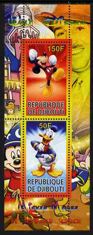 Djibouti 2011 Walt Disney - Mickey Mouse & Donald perf sheetlet containing 2 values unmounted mint, stamps on , stamps on  stamps on disney, stamps on  stamps on films, stamps on  stamps on cinema, stamps on  stamps on movies, stamps on  stamps on cartoons