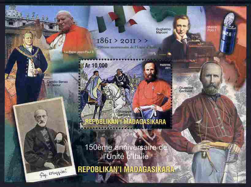 Madagascar 2011 150th Anniversary of Kingdom of Italy perf m/sheet unmounted mint. Note this item is privately produced and is offered purely on its thematic appeal, stamps on , stamps on  stamps on pope, stamps on  stamps on popes, stamps on  stamps on religion, stamps on  stamps on marconi, stamps on  stamps on radio, stamps on  stamps on horses, stamps on  stamps on maps