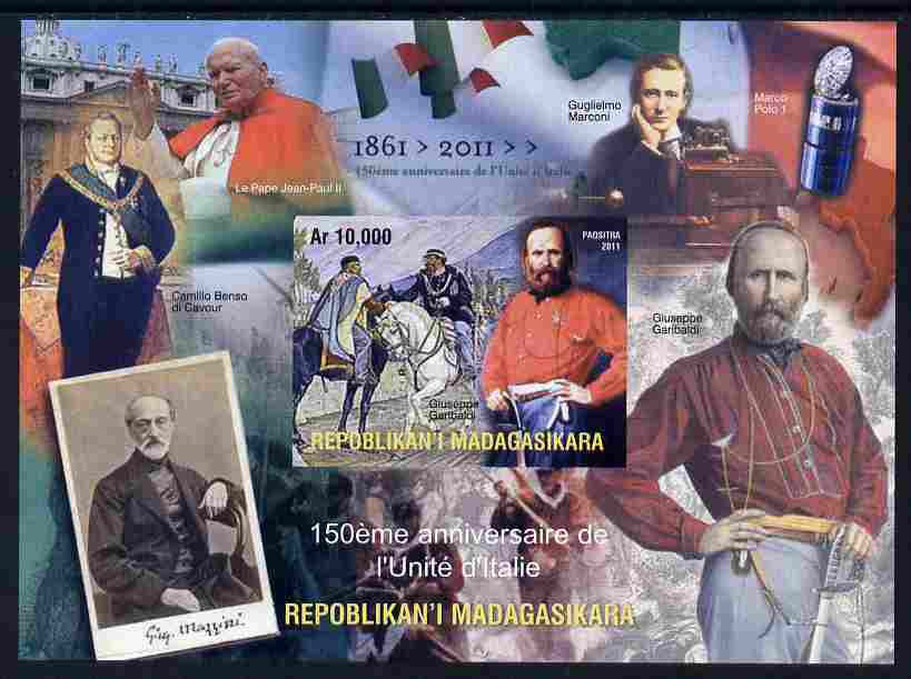 Madagascar 2011 150th Anniversary of Kingdom of Italy imperf m/sheet unmounted mint. Note this item is privately produced and is offered purely on its thematic appeal, stamps on , stamps on  stamps on pope, stamps on  stamps on popes, stamps on  stamps on religion, stamps on  stamps on marconi, stamps on  stamps on radio, stamps on  stamps on horses, stamps on  stamps on maps