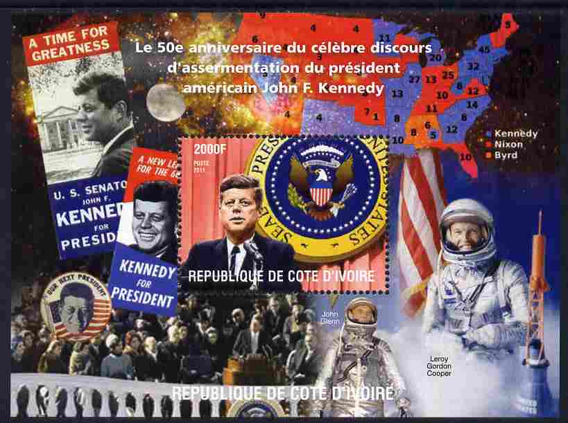Ivory Coast 2011 50th Death Anniversary of John Kennedy #1 perf m/sheet unmounted mint. Note this item is privately produced and is offered purely on its thematic appeal, stamps on personalities, stamps on kennedy, stamps on usa presidents, stamps on americana, stamps on space, stamps on maps, stamps on flags