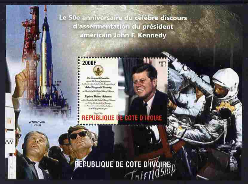 Ivory Coast 2011 50th Death Anniversary of John Kennedy #2 perf m/sheet unmounted mint. Note this item is privately produced and is offered purely on its thematic appeal, stamps on , stamps on  stamps on personalities, stamps on  stamps on kennedy, stamps on  stamps on usa presidents, stamps on  stamps on americana, stamps on  stamps on space, stamps on  stamps on rockets