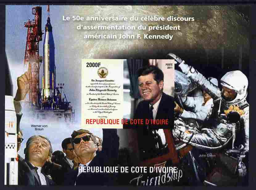 Ivory Coast 2011 50th Death Anniversary of John Kennedy #2 imperf m/sheet unmounted mint. Note this item is privately produced and is offered purely on its thematic appeal, stamps on , stamps on  stamps on personalities, stamps on  stamps on kennedy, stamps on  stamps on usa presidents, stamps on  stamps on americana, stamps on  stamps on space, stamps on  stamps on rockets