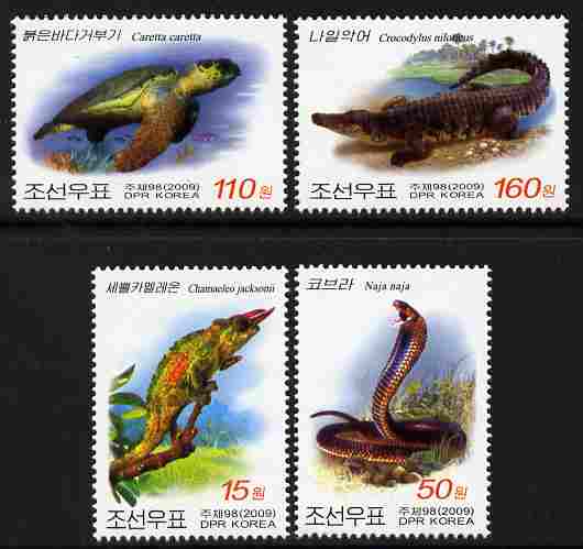 North Korea 2009 Reptiles perf set of 4 unmounted mint, SG N4882-5, stamps on , stamps on  stamps on reptiles, stamps on  stamps on chameleons, stamps on  stamps on snakes, stamps on  stamps on turtles, stamps on  stamps on crocodiles