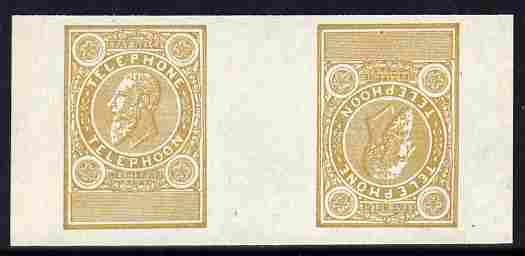 Belgium 1891 Telephone tete-beche interpaneau imperf proof pair undenominated in ochre on ungummed paper, stamps on , stamps on  stamps on cinderella, stamps on  stamps on telephone, stamps on  stamps on communications, stamps on  stamps on 