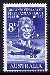 Australia 1958 30th Anniversary of First Air Crossing of Tasman Sea 8d unmounted mint, SG 304, stamps on aviation