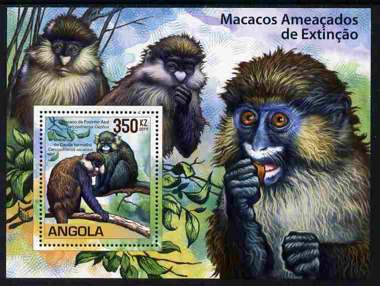 Angola 2011 WWF - Endangered Monkeys perf m/sheet unmounted mint , stamps on , stamps on  stamps on animals, stamps on  stamps on  wwf , stamps on  stamps on apes, stamps on  stamps on monkeys