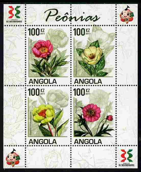 Angola 2011 Flowers - Peonies perf sheetlet containing set of 4 with Asian Stamp Exhibition logo in margin unmounted mint , stamps on , stamps on  stamps on flowers, stamps on  stamps on stamp exhibitions