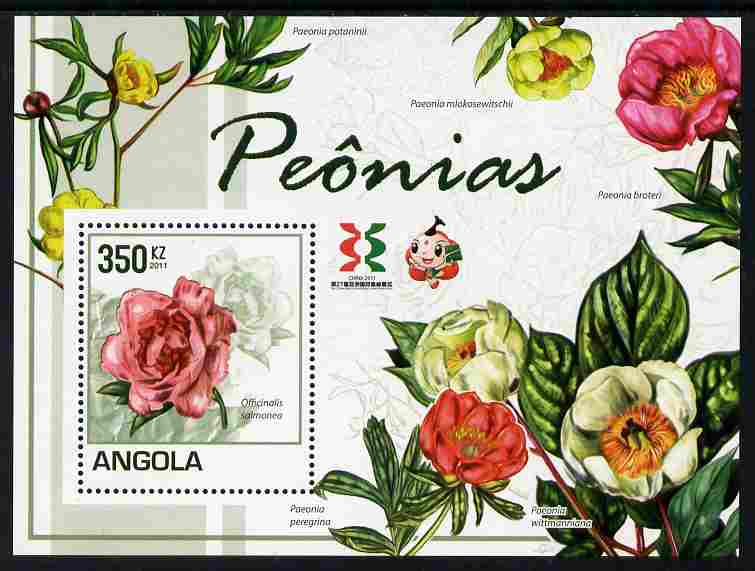 Angola 2011 Flowers - Peonies perf m/sheet with Asian Stamp Exhibition logo in margin unmounted mint , stamps on flowers, stamps on stamp exhibitions