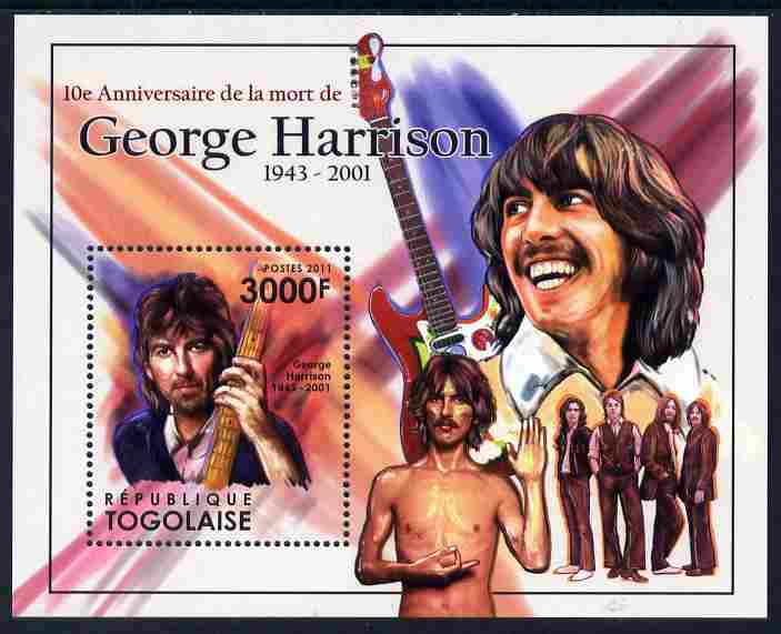 Togo 2011 Tenth Death Anniversary of George Harrison perf m/sheet unmounted mint, stamps on , stamps on  stamps on personalities, stamps on  stamps on beatles, stamps on  stamps on pops, stamps on  stamps on music, stamps on  stamps on rock