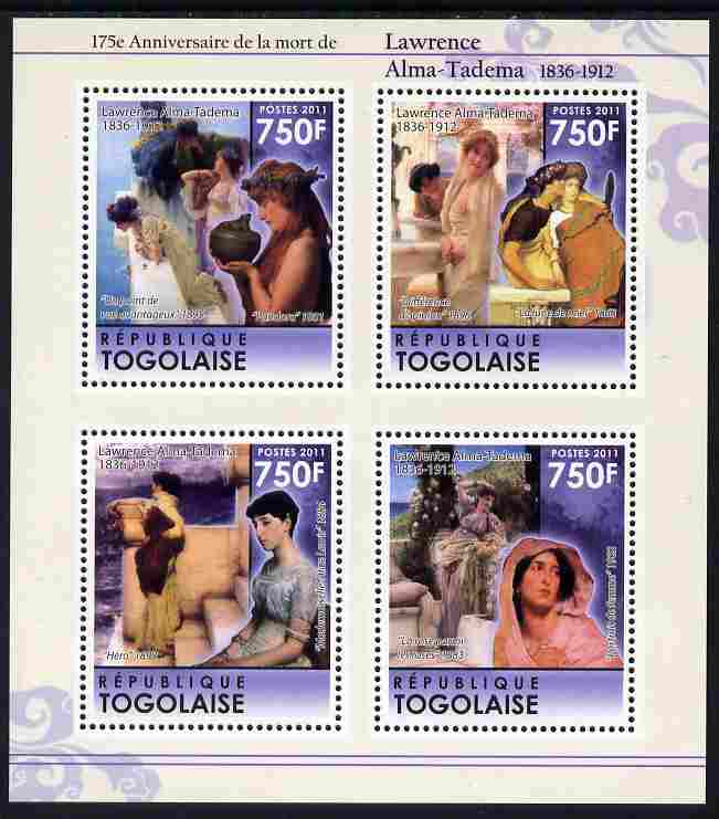 Togo 2011 175th Death Anniversary of Lawrence Alma-Tadema perf sheetlet containing 4 values unmounted mint, stamps on arts, stamps on alma-tadema