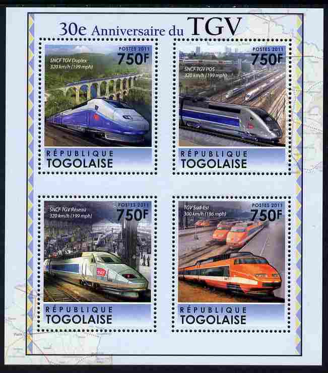 Togo 2011 30th Anniversary of TGV perf sheetlet containing 4 values unmounted mint, stamps on , stamps on  stamps on railways, stamps on  stamps on bridges, stamps on  stamps on 