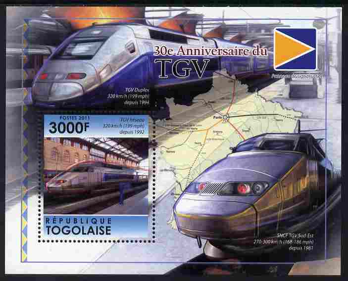 Togo 2011 30th Anniversary of TGV perf m/sheet unmounted mint, stamps on , stamps on  stamps on railways, stamps on  stamps on maps