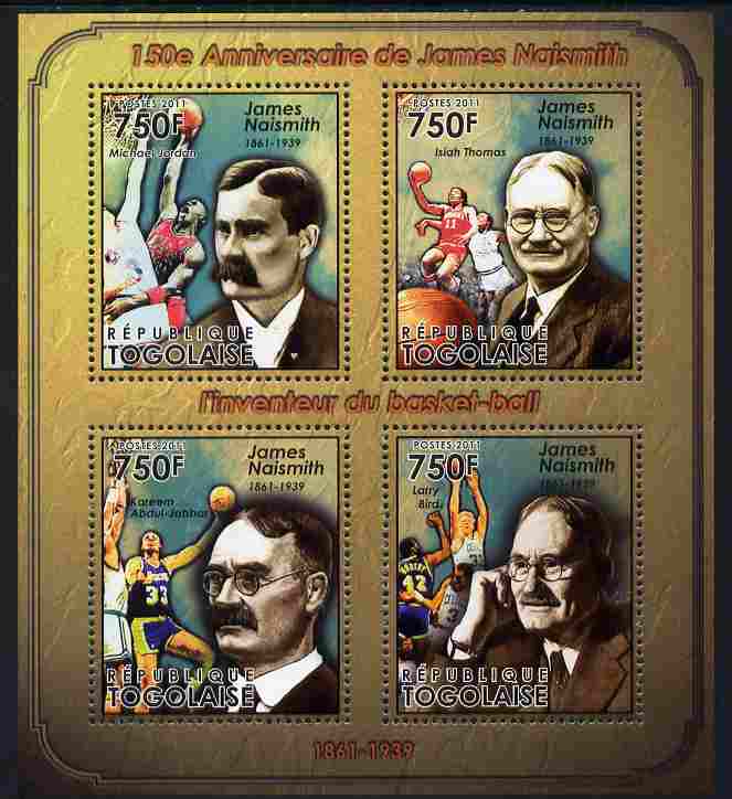 Togo 2011 150th Birth Anniversary of James Naismith (basketball) perf sheetlet containing 4 values unmounted mint, stamps on , stamps on  stamps on personalities, stamps on  stamps on sport, stamps on  stamps on basketball