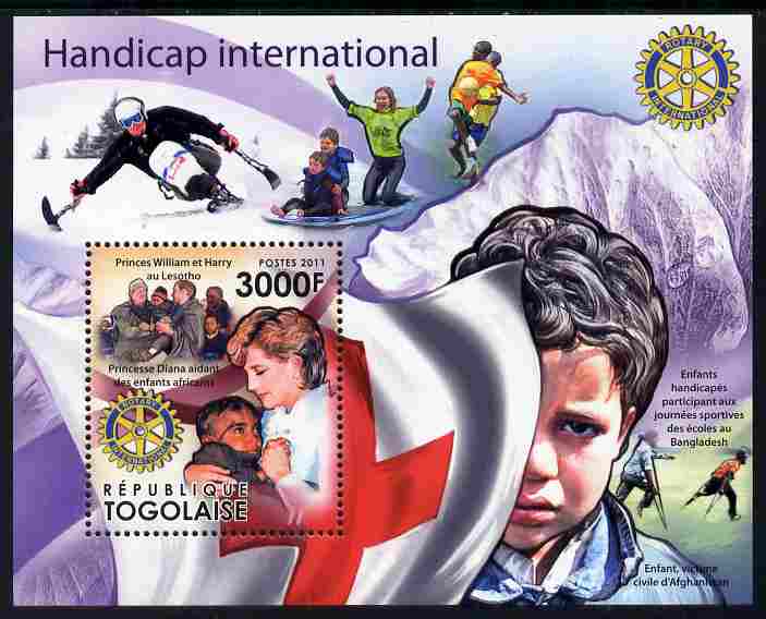 Togo 2011 Handicap International perf m/sheet with Rotary Logo unmounted mint, stamps on , stamps on  stamps on disabled, stamps on  stamps on sport, stamps on  stamps on skiing, stamps on  stamps on rotary, stamps on  stamps on diana, stamps on  stamps on william, stamps on  stamps on harry